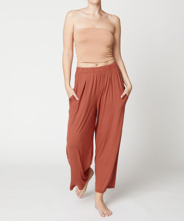 Women Bamboo Elastic Waist Pleat Ankle Length Wide Pants Zarnesh