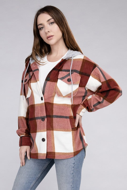 Women Plaid Drawstring Hooded Soft Fleece Shacket | Zarnesh