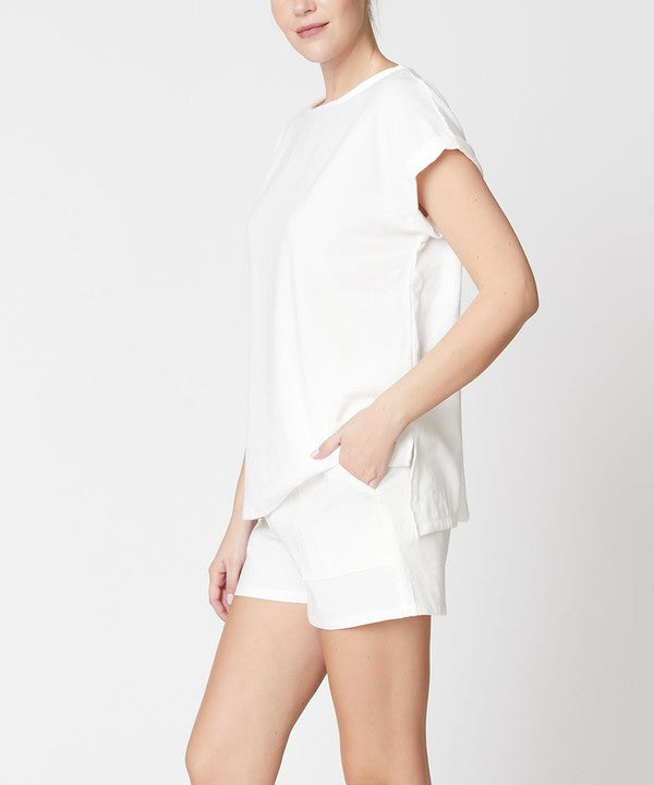 Women Bamboo Linen Dolman Style Top Elastic Waist Short Set Zarnesh