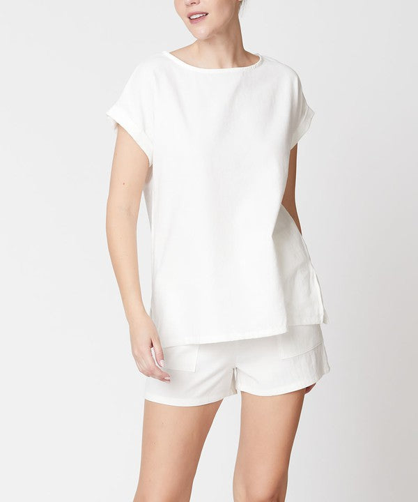 Women Bamboo Linen Dolman Style Top Elastic Waist Short Set Zarnesh