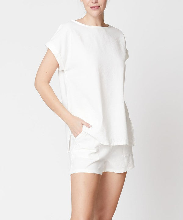 Women Bamboo Linen Dolman Style Top Elastic Waist Short Set Zarnesh