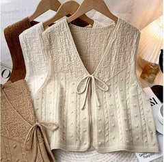 Women Vintage Lace Up Korean V-Neck Knitted Tank Vest | Zarnesh