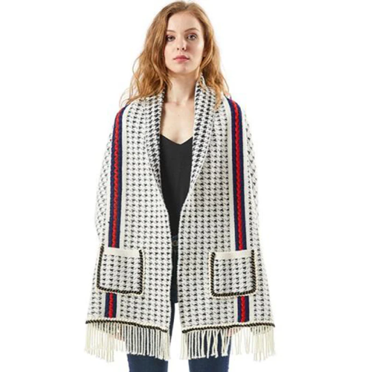 Women Houndstooth Sleeve Poncho with Pocket Fringe| Zarnesh