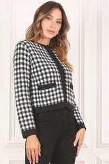 Women Black Check Knitted Jacket | Zarnesh