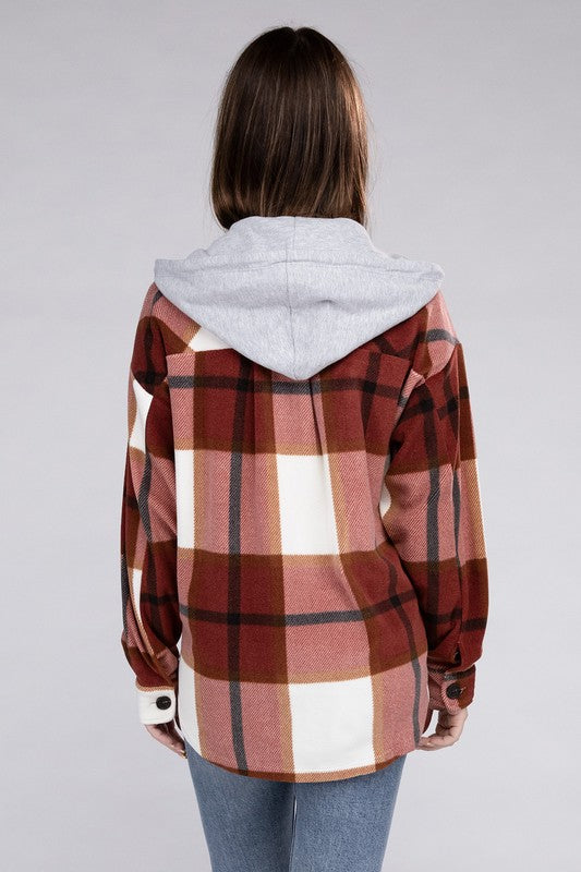 Women Plaid Drawstring Hooded Soft Fleece Shacket | Zarnesh