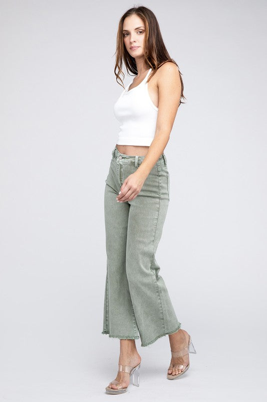 WOMEN'S Acid Wash Frayed Cutoff Hem Straight Wide Pants | ZARNESH