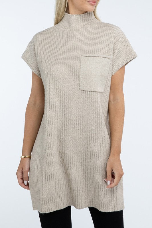 Women’s Mock Neck Short Sleeve Sweater Dress with Pocket | Zarnesh