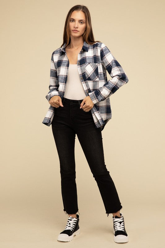 Women Cotton Plaid Button Cuff Collar Front Pocket Shacket Zarnesh