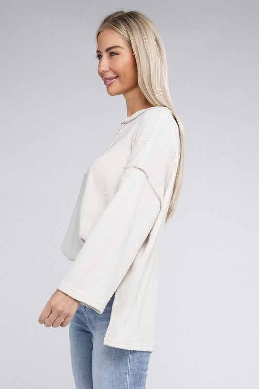 Women Ribbed Brushed Melange Hacci Henley Sweater | Zarnesh