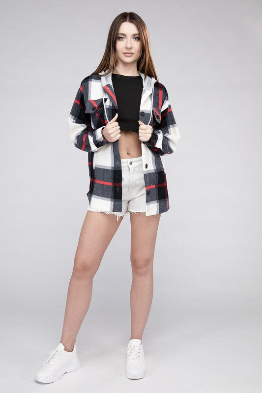 Women Plaid Drawstring Hooded Soft Fleece Shacket | Zarnesh