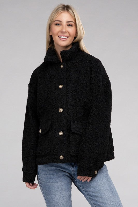 Women Cozy Long Sleeve Sherpa Button-Front Jacket | Zarnesh