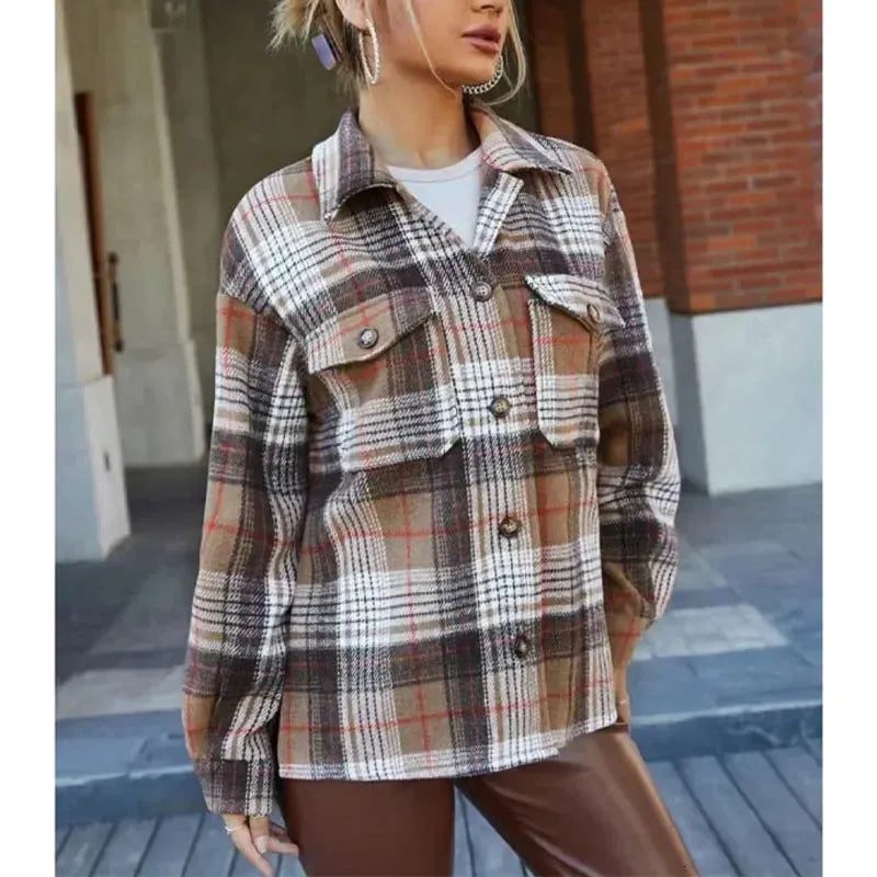 Women's Brown Multi Color Plaid Jacket | Zarnesh