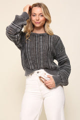 Women Acid Wash Round Neck Long Sleeves Cropped Sweater Zarnesh