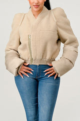 Women Plush Puff Sleeve Bomber Jacket | Zarnesh