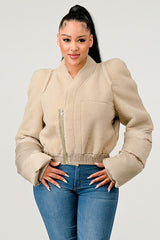 Women Plush Puff Sleeve Bomber Jacket | Zarnesh