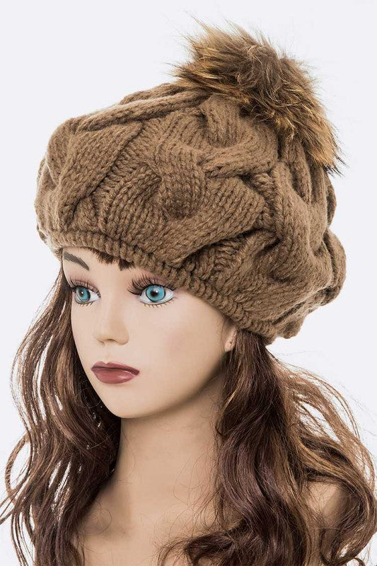 Women’s Large Fur Pom Cable Knit Beret Beanie | Zarnesh