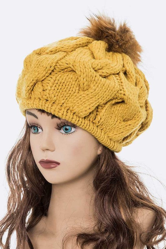 Women’s Large Fur Pom Cable Knit Beret Beanie | Zarnesh