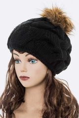 Women’s Large Fur Pom Cable Knit Beret Beanie | Zarnesh