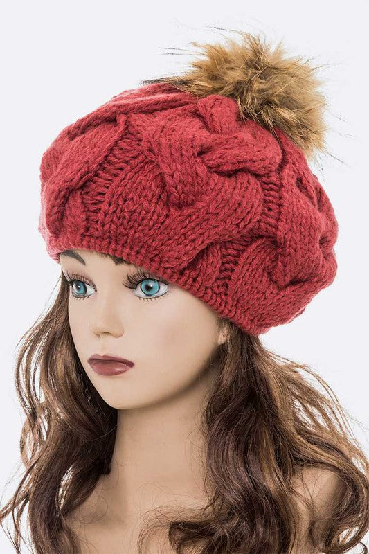 Women’s Large Fur Pom Cable Knit Beret Beanie | Zarnesh