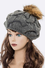 Women’s Large Fur Pom Cable Knit Beret Beanie | Zarnesh