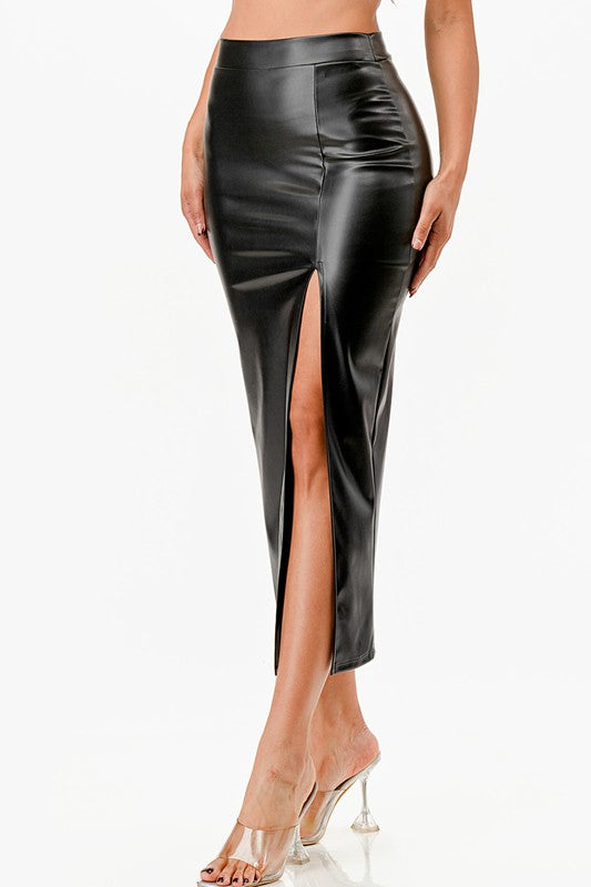 Women Open Slit PU Leather Pencil Skirt | Zarnesh