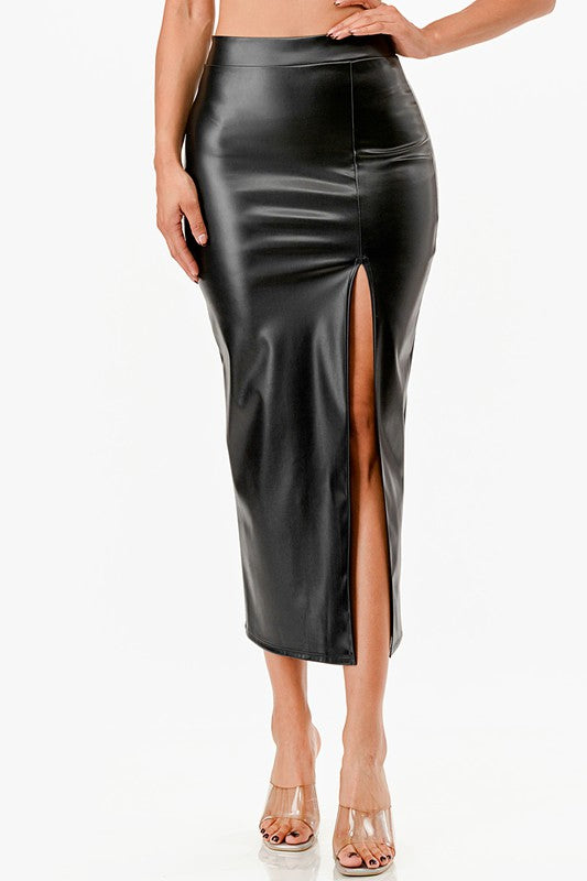 Women Open Slit PU Leather Pencil Skirt | Zarnesh