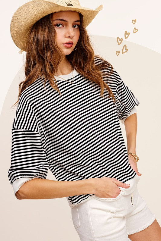 Women's Crew Neck Stripe Short Sleeve Top | Zarnesh