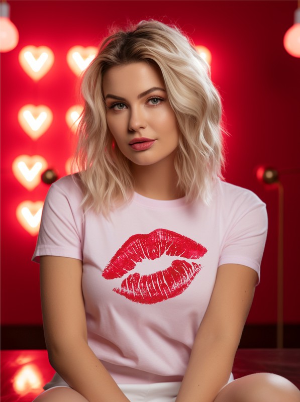 Women Valentine Red Lips Graphic Short Sleeve Tee Zarnesh