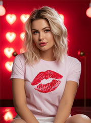 Women Valentine Red Lips Graphic Short Sleeve Tee Zarnesh