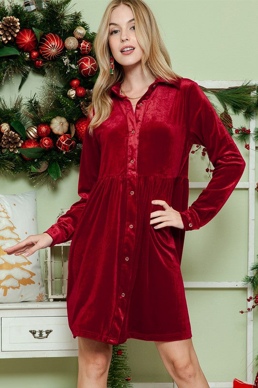 Women's Red Long Sleeve Ruffle Velvet Button Up Shirt Dress | Zarnesh