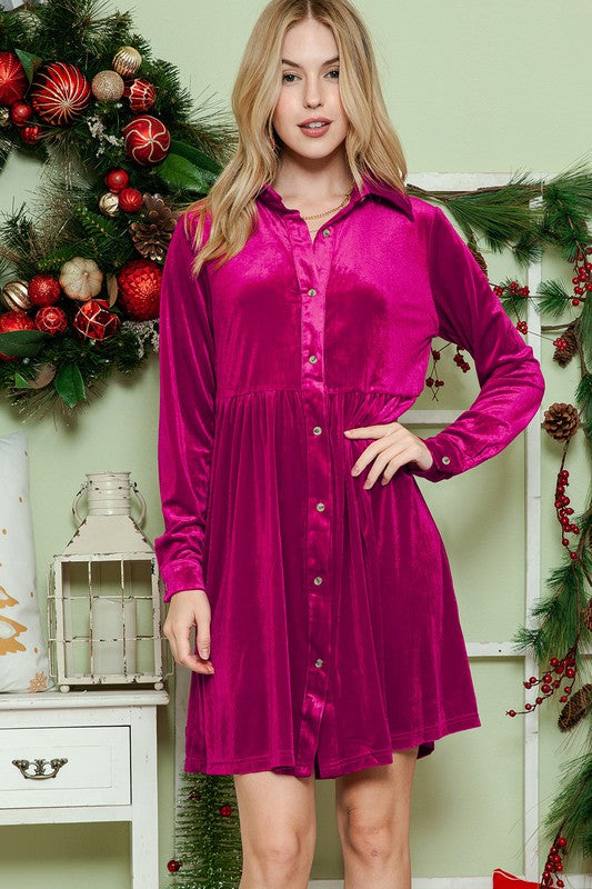 Red Long Sleeve Ruffle Velvet Button Up Shirt Dress | Zarnesh