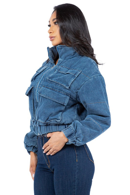 Women Sexy Fashion Denim Multi-Pocket Puffer Jacket | Zarnesh