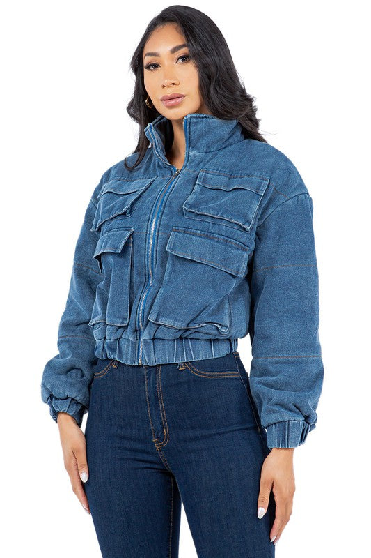 Women Sexy Fashion Denim Multi-Pocket Puffer Jacket | Zarnesh