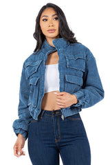 Women Sexy Fashion Denim Multi-Pocket Puffer Jacket | Zarnesh