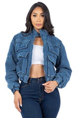 Women Sexy Fashion Denim Multi-Pocket Puffer Jacket | Zarnesh