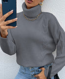 Women Plaid Grey Classic Turtleneck Drop Shoulder Sweater Zarnesh
