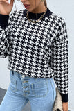 Women Pull Over Black Houndstooth Pattern Drop Shoulder Sweater Zarnesh