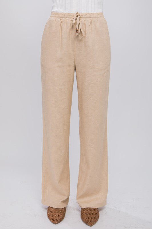 Women Linen Drawstring Waist Long Pants with Pockets | Zarnesh