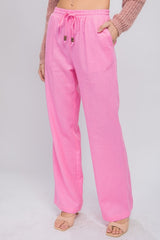 Women Linen Drawstring Waist Long Pants with Pockets | Zarnesh