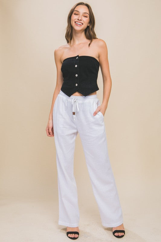 Women Linen Drawstring Waist Long Pants with Pockets | Zarnesh