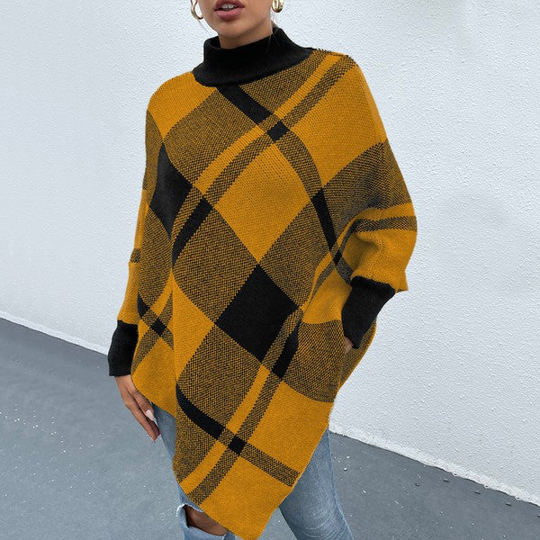 Women Yellow Mock Neck Plaid Knit Poncho | Zarnesh