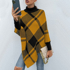 Women Yellow Mock Neck Plaid Knit Poncho | Zarnesh