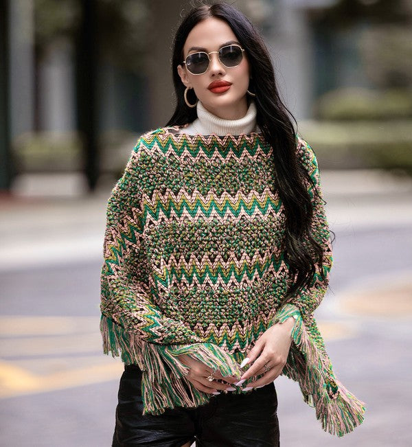 Women Green Fringe Trim Batwing Sleeve Poncho Sweater | Zarnesh