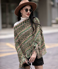 Women Green Fringe Trim Batwing Sleeve Poncho Sweater | Zarnesh