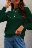 Women Green Stand Collar Essence Pearls Beaded Sweater Zarnesh