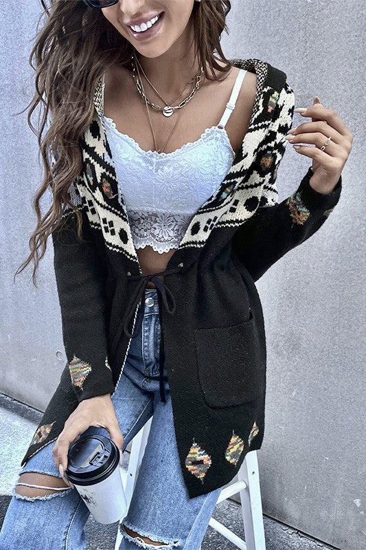 Women Black Multicolor Geometric Belted Waist Hooded Cardigan Zarnesh