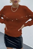 Women Stand Collar Brown Essence Pearls Beaded Sweater Zarnesh