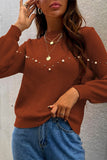 Women Stand Collar Brown Essence Pearls Beaded Sweater Zarnesh