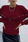 Women Red Stand Collar Essence Pearls Beaded Sweater Zarnesh