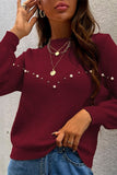 Women Red Stand Collar Essence Pearls Beaded Sweater Zarnesh